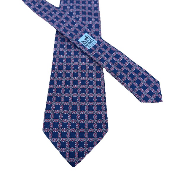 Hermes Other - Hermès France 100% Silk Tie Navy Blue Red Geometric Squares Luxury AOP 7092 UA